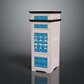 Modern High Cabinet With White Body Blue Decorative Panels And Geometric Patterns