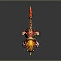 Game Movie Mythical Character With Red Yellow Fur Flaming Horns Green White Decorative Patterns