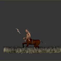 Fierce Game Movie Character Riding Brown Horse Holding Spear In Dry Grassland