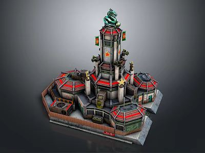 Cartoon Style Multi Level Tower Structure With Red Roofs Green Decorations And Fence 3d model