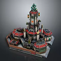 Cartoon Style Multi Level Tower Structure With Red Roofs Green Decorations And Fence