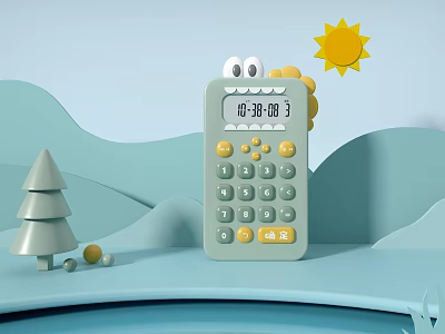Cute Cartoon Art Installation Featuring Calculator With Eyes Teeth Wavy Hills Sun And Small Tree 3d model