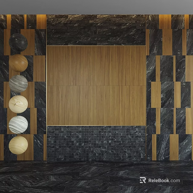 Modern Wall Building Components Featuring Wooden Panel Marble Tiles And Circular Decorative Elements 3d model