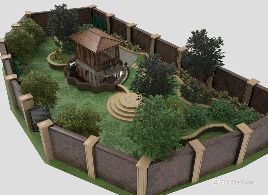Traditional Wooden Roof Pavilion In Walled Garden With Lawn Steps And Trees 3d model 