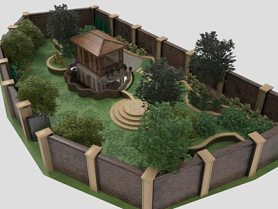 Traditional Wooden Roof Pavilion In Walled Garden With Lawn Steps And Trees 3d model