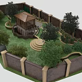 Traditional Wooden Roof Pavilion In Walled Garden With Lawn Steps And Trees