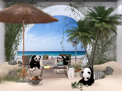 Reptile Lizard Sunbathing On Sandy Beach With Palm Trees And Ocean View 3d model