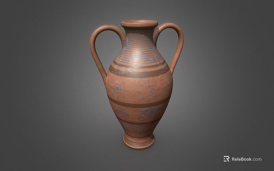 Classic Brown Ceramic Amphora With Two Handles Blue Patterns And Stripes 3d model 