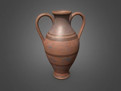 Classic Brown Ceramic Amphora With Two Handles Blue Patterns And Stripes 3d model