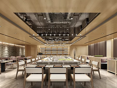 Modern Restaurant Interior With Open Concept Design Dining Tables And Pendant Lighting 3d model