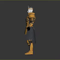 Golden Armored Figure With Crown Standing In Gray Background With Decorative Details