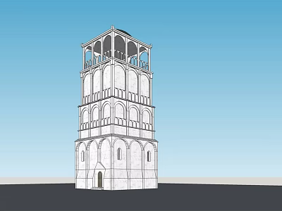 Classical White Multi story Tower With Arched Windows And Balcony Structure 3d model