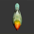Colorful Bird With Red Head Yellow Body Green Wings Blue Tail On Dark Reflective Surface