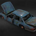 Old Blue Rusty Car With Open Hood And Doors On Dark Background