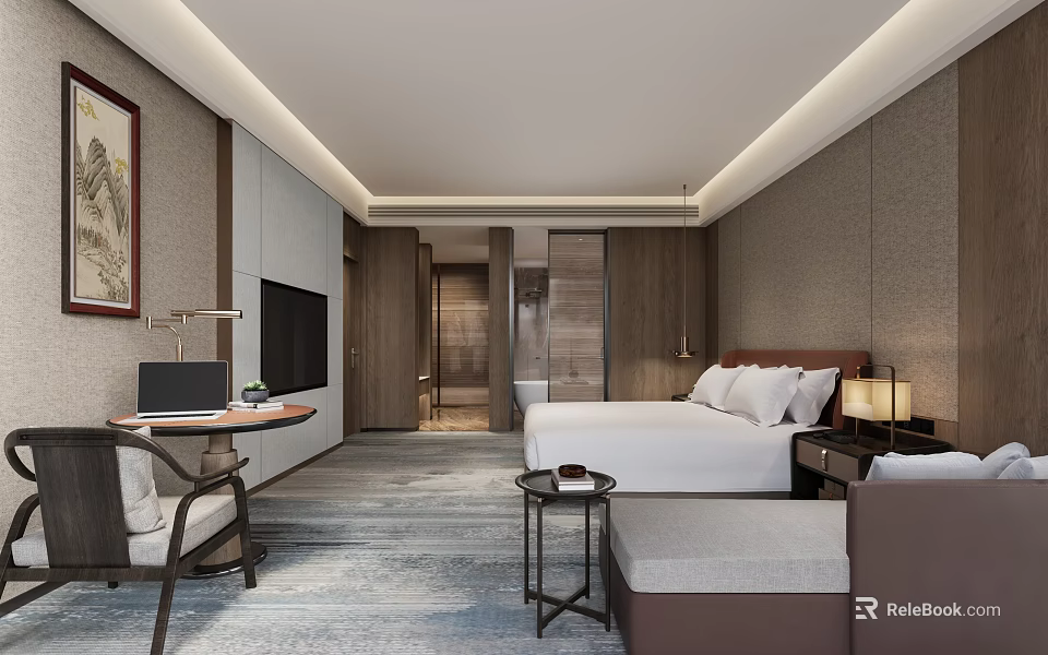 Modern Hotel Guest Room With King Bed Work Desk Laptop TV And Wall Art 3d model 