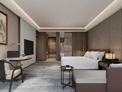 Modern Hotel Guest Room With King Bed Work Desk Laptop TV And Wall Art 3d model