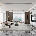 Modern Dining Living Area With Round Table Chairs Glass Wine Cabinet And Marble Flooring