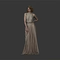 Woman In Long Beige Dress Standing Elegantly With Gray Background And Reflective Floor
