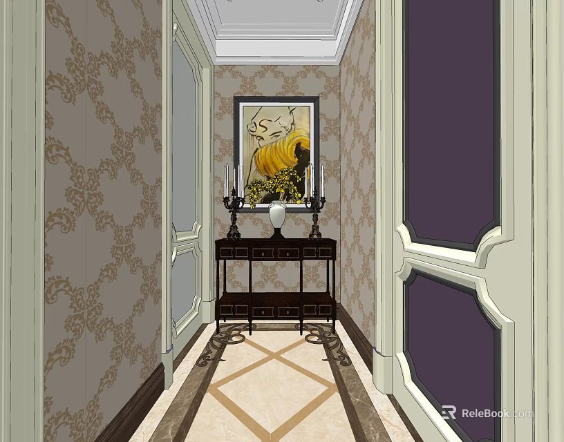 Elevator Hallway With Patterned Wallpaper Framed Painting Console Table And Geometric Floor Design 3d model