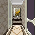 Elevator Hallway With Patterned Wallpaper Framed Painting Console Table And Geometric Floor Design 3d model