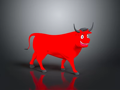 Red Cartoon Cow With Horns Smiling On Gray Background With Reflection 3d model