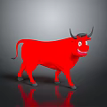 Red Cartoon Cow With Horns Smiling On Gray Background With Reflection