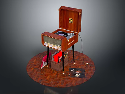 Vintage Wooden Record Player With Open Lid Turntable Stand And Storage Basket 3d model