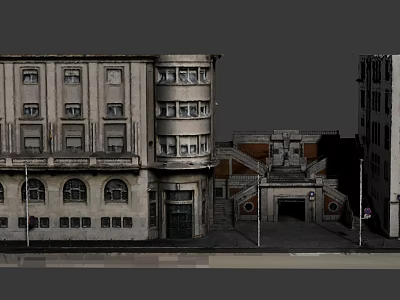 Vibrant Cartoon Scene With Retro Style Buildings Street Lamps And Animated Street View 3d model