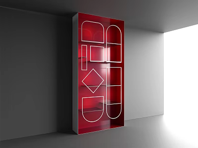 Red Contemporary Display Shelf Featuring Geometric White Lines For Indoor Retail Use 3d model