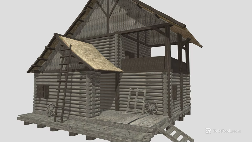 Rustic Log House Architecture With Thatch Roof Wooden Porch Ladder And Wheel Accents 3d model 