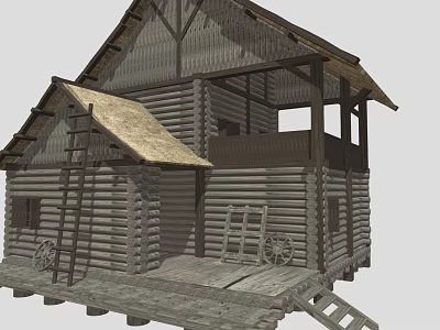 Rustic Log House Architecture With Thatch Roof Wooden Porch Ladder And Wheel Accents 3d model