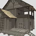 Rustic Log House Architecture With Thatch Roof Wooden Porch Ladder And Wheel Accents