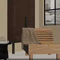Wooden Slat Leisure Chair With Blanket And Side Table By Window City View