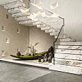 Elegant Modern Marble Staircase With Glass Railing And Indoor Landscape Design