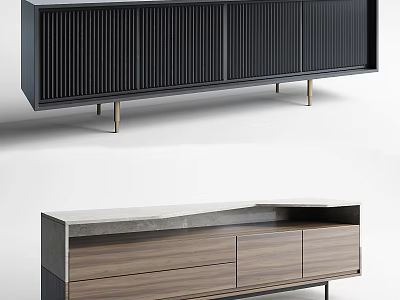 Modern TV Stand With Black Vertical Panels Wooden Drawers And Metal Legs 3d model