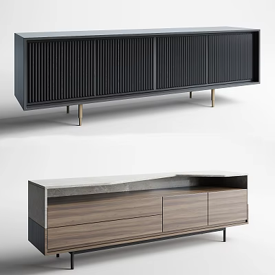 Modern TV Stand With Black Vertical Panels Wooden Drawers And Metal Legs 3d model