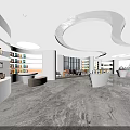 Modern Technology Exhibition Hall Interior With Curved Lighting Display Shelves And Marble Floor