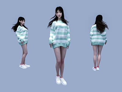 Woman In Light Green Striped Sweater Shorts And White Sneakers From Three Angles 3d model