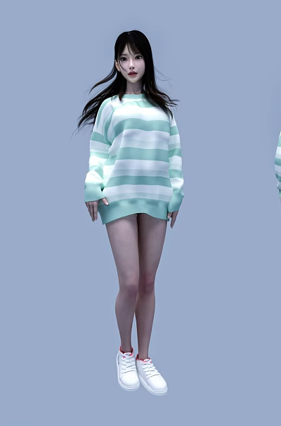 Woman In Light Green Striped Sweater Shorts And White Sneakers From Three Angles 3d model