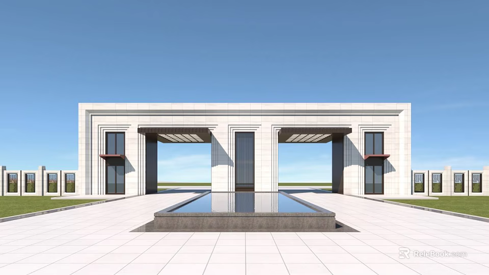 Modern Entrance Gate With White Stone Columns And Reflecting Pool In Courtyard 3d model 