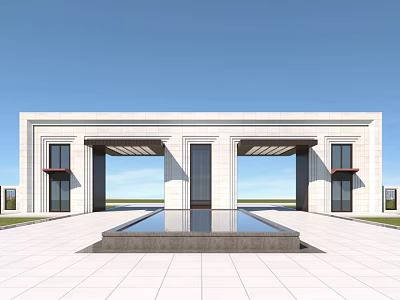 Modern Entrance Gate With White Stone Columns And Reflecting Pool In Courtyard 3d model