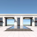 Modern Entrance Gate With White Stone Columns And Reflecting Pool In Courtyard