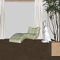 Light Green Chaise Lounge in Bright Room With Lush Forest View and White Statue