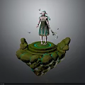 Light Blue Haired Female Character Standing On Green Rock Platform With Butterflies And Glowing Accents