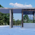 Modern Guardhouse Structure With Glass Walls And Metal Roof In Open Green Area