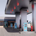 Modern Gas Station Canopy Structure With Fuel Dispensers Convenience Store And Lawn Area