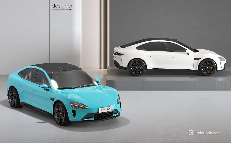 Modern Blue And White Cars Showcased In Studio 3d model 