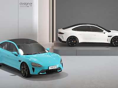 Modern Blue And White Cars Showcased In Studio 3d model