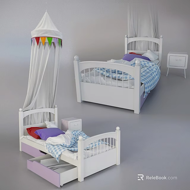 White Four Poster Children's Bed With Canopy Blue White Checkered Sheets And Colorful Bunting 3d model 