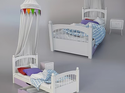 White Four Poster Children's Bed With Canopy Blue White Checkered Sheets And Colorful Bunting 3d model